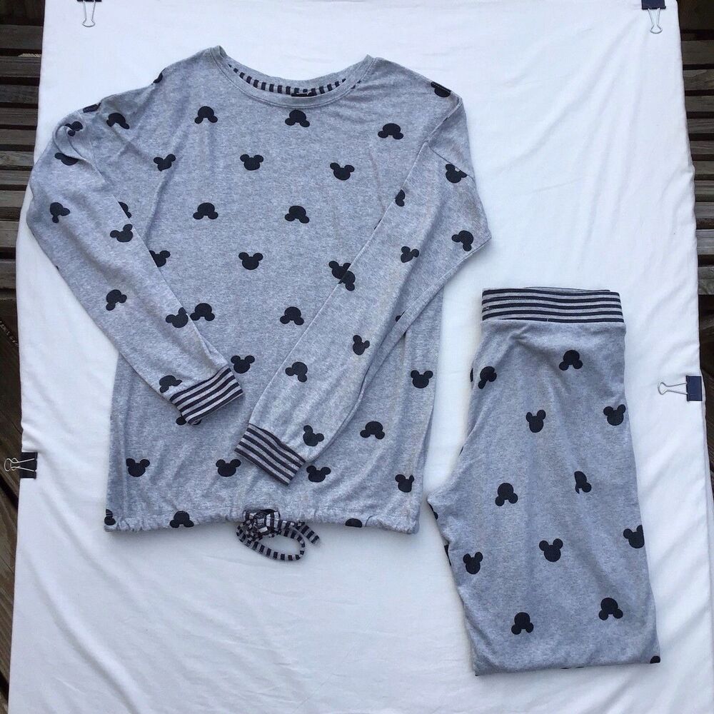 Women’s Disney Two Piece Mickey Mouse Printed Lounge Set Pajamas Gray Sz XSmall
